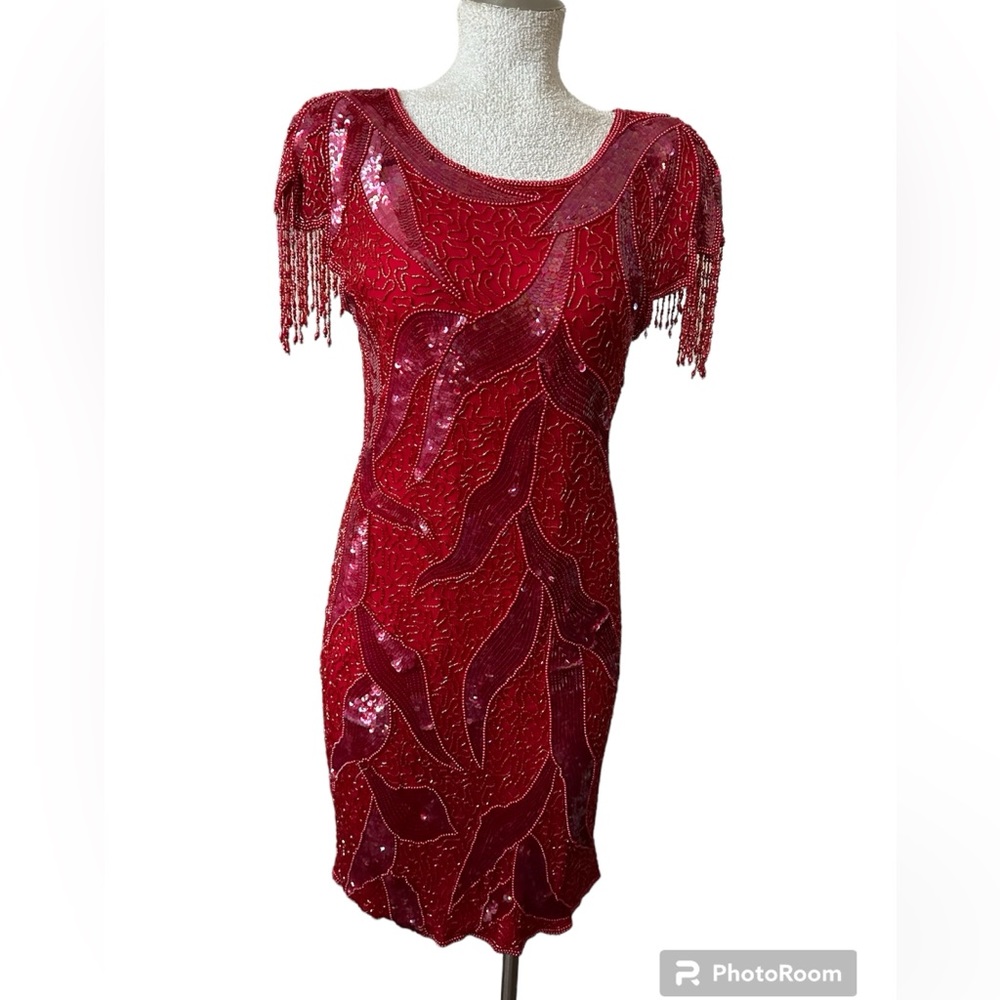 Vintage Laurence Kazar Red Beaded & Sequin Cocktail Dress